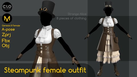 Steampunk female outfit. Clo3d, Marvelous Designer projects.