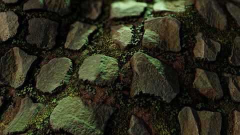 PBR - ROCKY GROUND WITH FRESH VEGETATION - 4K MATERIAL + GRAPH