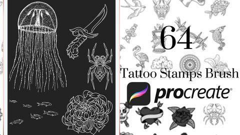 64 Procreate Tattoo set Stamps Brushes | Unique Tattoo Stamp Brushes | Stencil Brushes | Digital art Tattoo Stencil | Tattoo Bundle