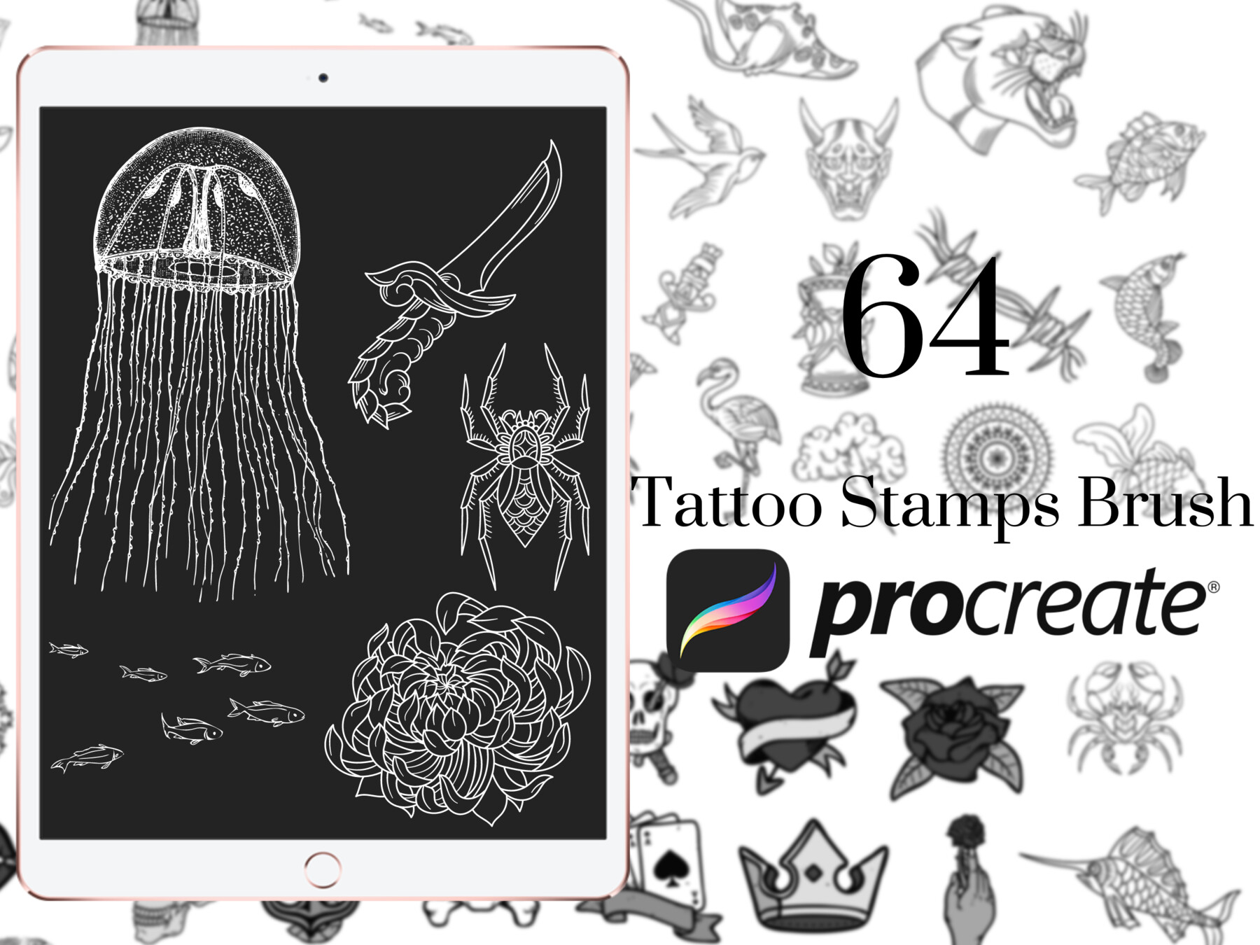 ArtStation 64 Procreate Tattoo set Stamps Brushes Unique Tattoo