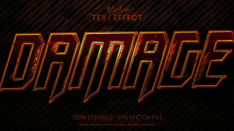 Damage text, orange color editable text effect on dark grunge background