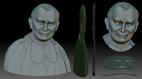 Pope John Paul II portrait low relief for CNC router or 3D printer