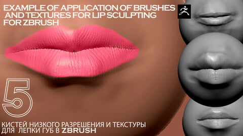 5  Brushes and ALPHA for human lip sculpting, different age and sex lips, specially prepared Alpha, reflecting real lip wrinkles,
