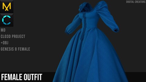 Female Outfit. Historical dress. Marvelous Designer / Clo 3D project +obj