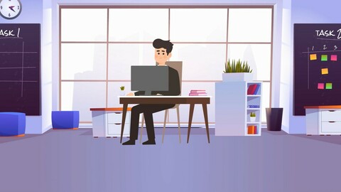 2d animation of a man working on computer