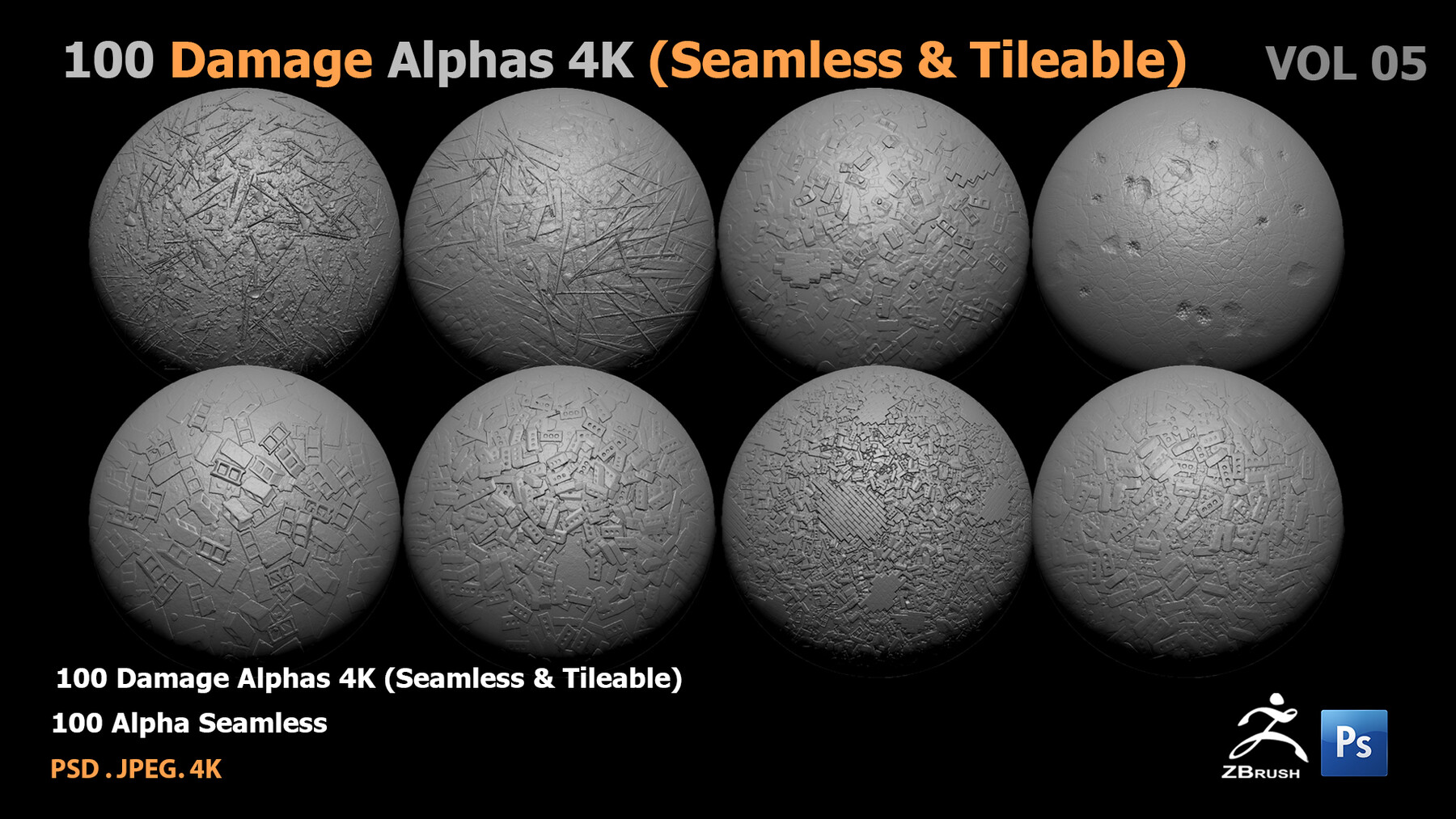 ArtStation - 100 Damage Alphas 4K (Seamless & Tileable) | Brushes