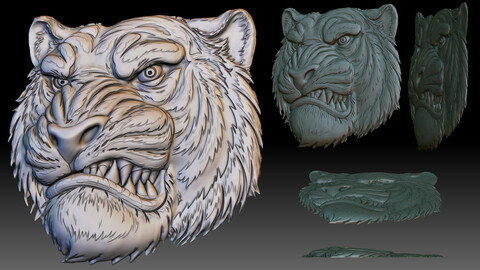 Tiger Head low relief for CNC router or 3D printer