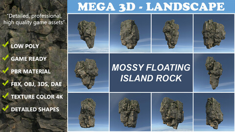 Low poly Mossy Floating Island Rock Pack 211205