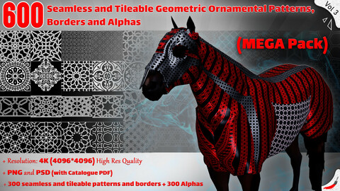 600 Seamless and Tileable Geometric Ornamental Patterns, Borders and Alphas - Vol 3