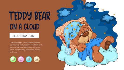 Cartoon Teddy Bear on a cloud. T-Shirt, PNG, SVG.