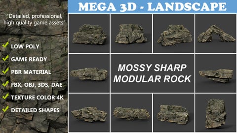 Low poly Mossy Sharp Modular Rock 211210