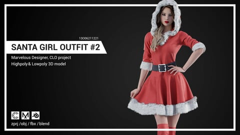 Santa Girl Outfit #2 - Lowpoly, PBR. Marvelous Designer, CLO project.