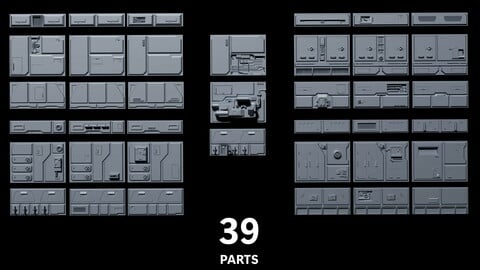 [Bundle] Sci-Fi Wall Panels Kitbash - 39 Parts (with materials)