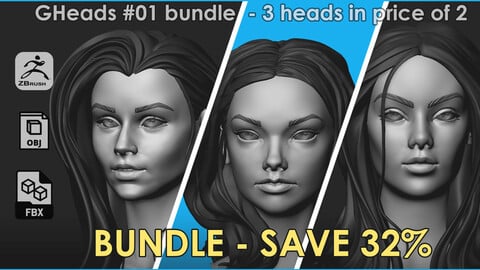 GHeads #01 bundle - 3 stylized girls 3D heads