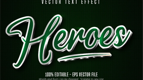 Heroes text, green color and shiny silver style editable text effect