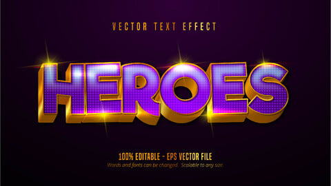 Heroes text, shiny gold and purple style editable text effect