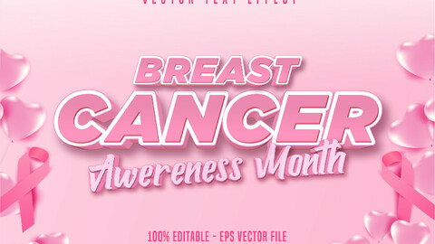 Breast cancer awareness month text, editable text effect on pink ribbon, hearth balloon and soft pink background.