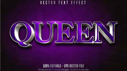 Queen text, purple color and shiny silver style editable text effect