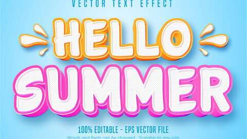 Hello summer text, comic style editable text effect