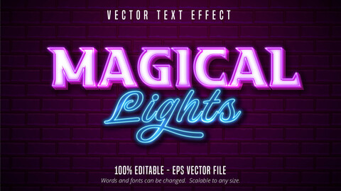 Magical Lights text, neon light signage style editable text effect