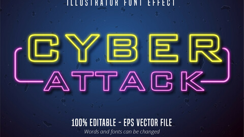 Cyber attack text, neon lights signage style editable font effect