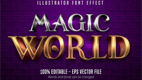 Magic World text, 3d gold and silver metallic style editable font effect