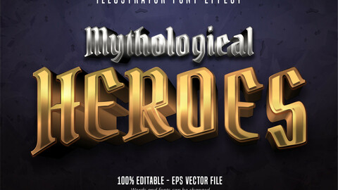 Mytological Heroes text, 3d gold and silver metallic style editable font effect