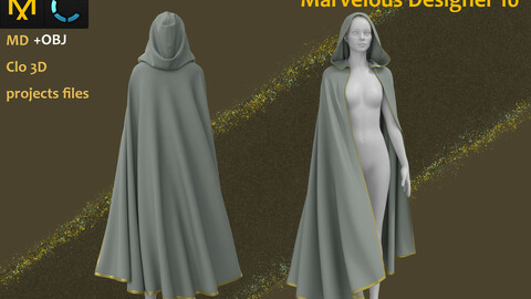 Female Grey Cloak_Marvelous Designer, CLO3D_OBJ & FBX(if needed)