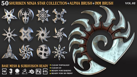 50 Shuriken_Ninja_Star_Collection_Vol_02 ( UV / IMM /Alpha / OBJ / FBX / .BLEND / 3DSMAX / C4D / LIB4D / STL /PNG )