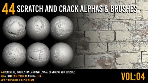 44 Zbrush Scratch And Crack Alphas + VDM brushes+ 4k alpha + 4k normal - VOL 04