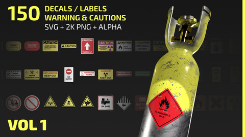 150 Decals Vol1 - Warning & Cautions - separated SVG / 2K PNG / Alphas