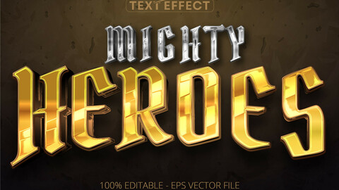 Heroes text effect, war game style gold and silver metallic color editable text style