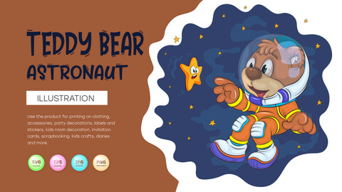 Cartoon Teddy Bear Astronaut. T-Shirt, PNG, SVG.