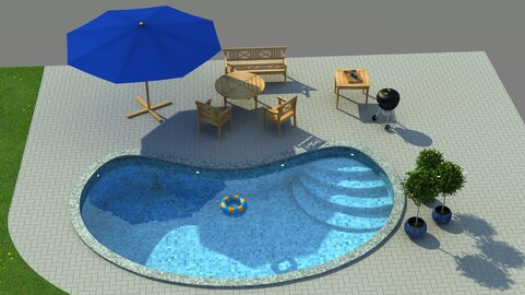 3D model - Pool with garden furniture and BBQ