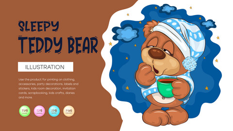 Sleepy Cartoon Teddy Bear. T-Shirt, PNG, SVG.