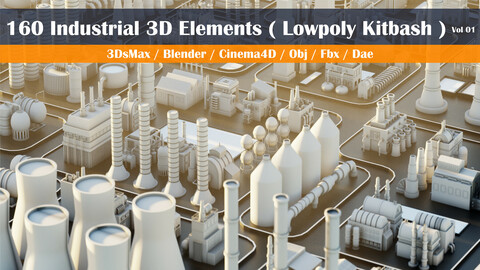 160 Industrial 3D elements and buildings ( Low Poly Kit Bash ) - Vol 01