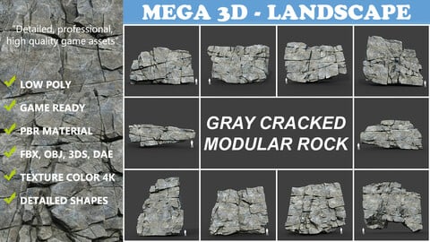 Low poly Gray Cracked Modular Rock 220106