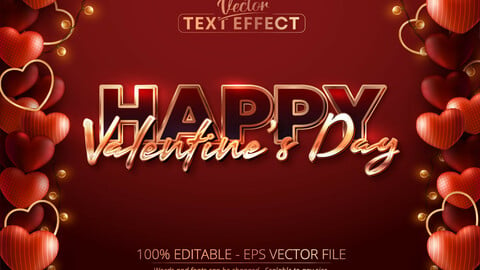 Golden text effect, editable valentine's day shiny gold text style on decorated red and gold hearts background