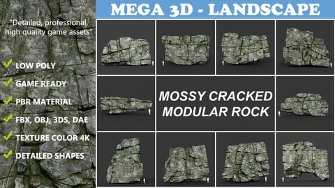 Low poly Mossy Cracked Modular Rock 220106