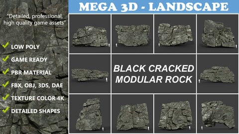 Low poly Black Cracked Modular Rock 220106