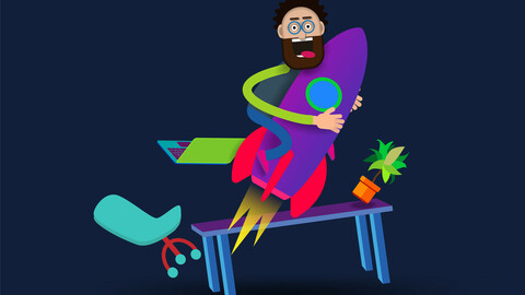 Cartoon office worker takes off on a rocket in the office. Vector banner