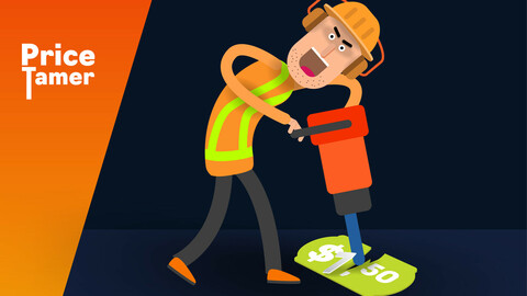 A worker in a helmet hammers the price tag on the goods with a jackhammer. Vector banner