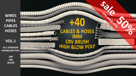 +40 IMM CABLES & HOSES FOR ZBRUSH (HIGH&LOW POLY) + MESHES VOL.01