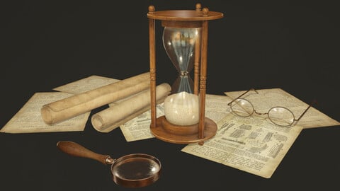 Victorian Props set | Hourglass, Loupe, Glasses, Book pages and Paper scrolls