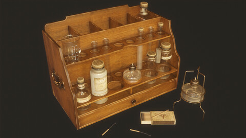 Apothecary Chest with Bottles, Match Boxes, Matches, Test Tubes, Chemistry Beaker and Burner