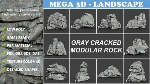 Low poly Gray Cracked Modular Rock 220112