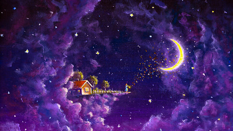 Painting mystic fabulous house in purple night clouds in the starry sky and the girl sends love to the big moon Fantasy fine art paint concept for fairytale paintings, illustration background artwork for book