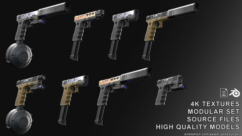 Modular Pistol with attachments / .blend files / High quality models