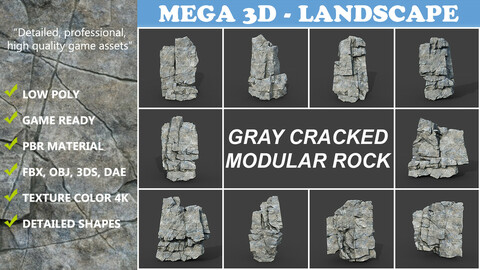 Low poly Gray Cracked Modular Rock 220118
