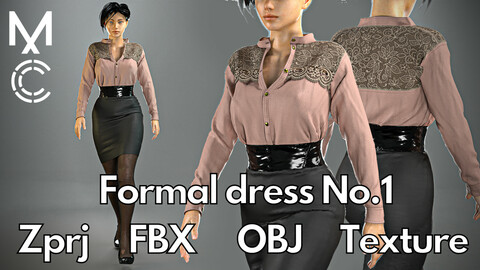 Female formal dress No.1 : Marvelous Designer + Clo3d + OBJ + FBX + Texture